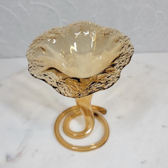 Vintage Handblown Glass Flower Vase 5" Amber Swirl Stem Murano Elegant - Picture 1 of 13